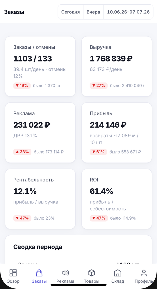 ReStat на телефоне: заказы, выручка, прибыль, рентабельность